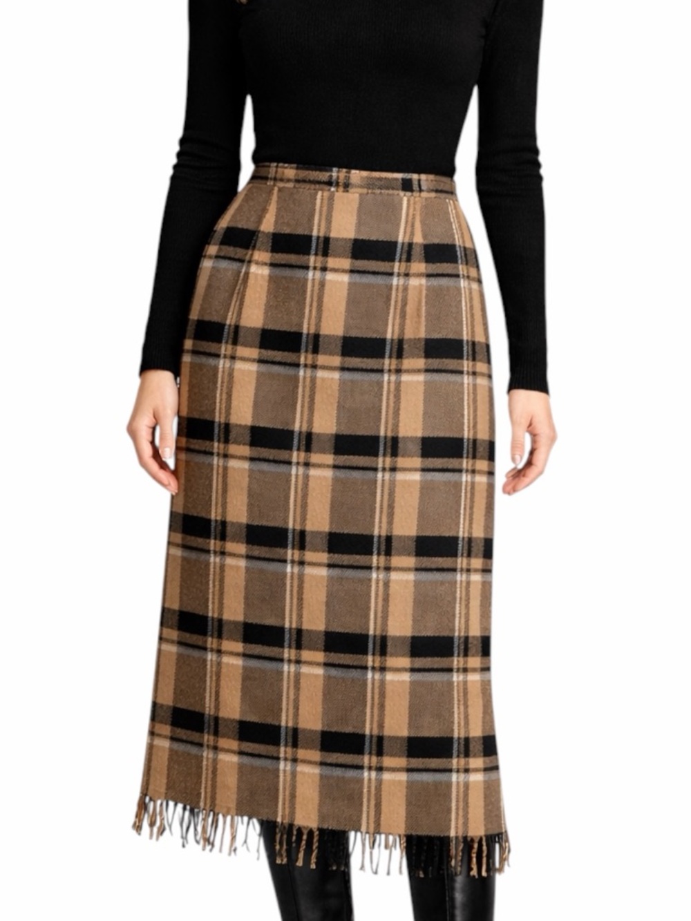 Vintage Requirements Plaid Fringe Hem Midi Pencil Skirt Wool Blend Size 14 Lined